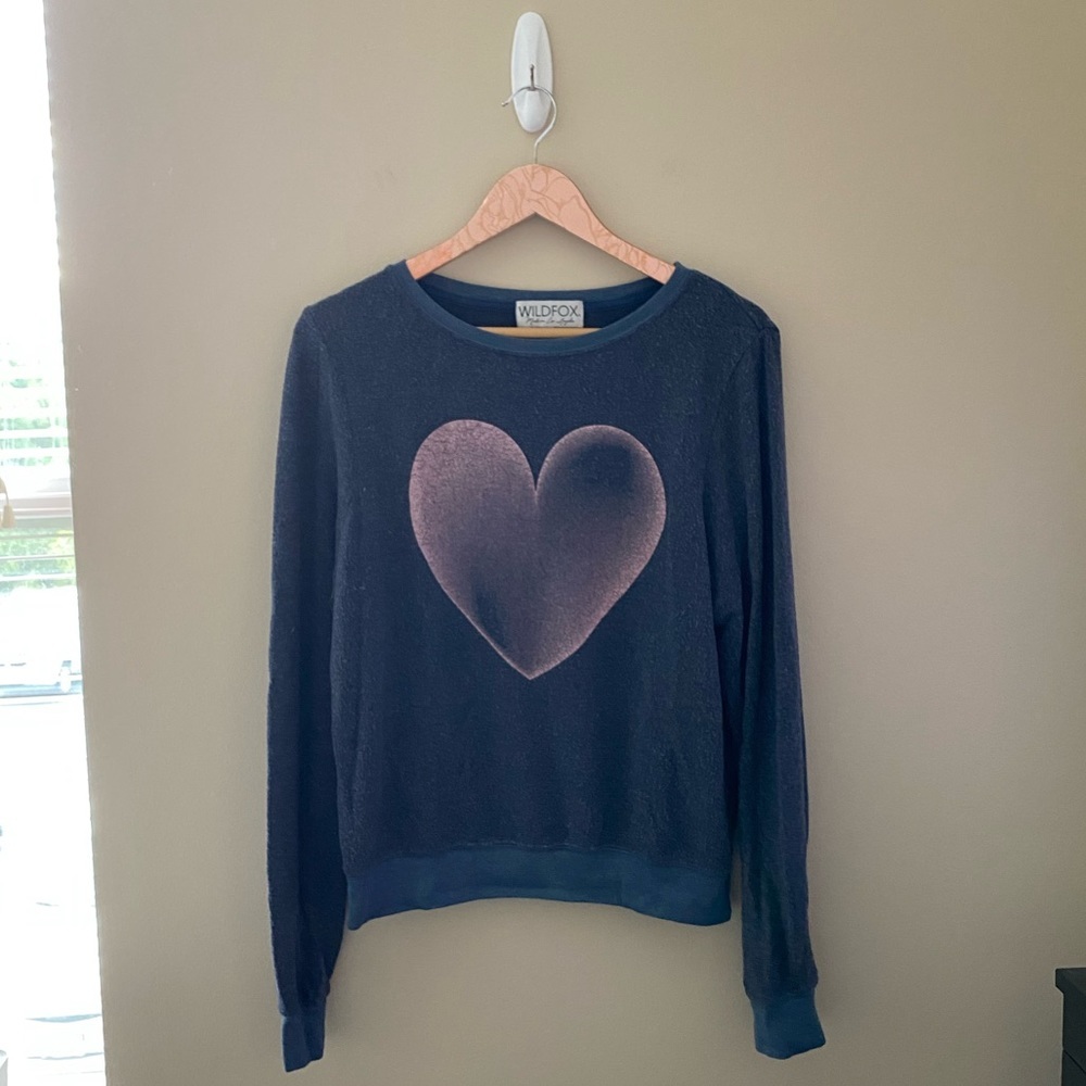 Women’s Wildfox Gray Heart Print Crewneck Sweater Size Small